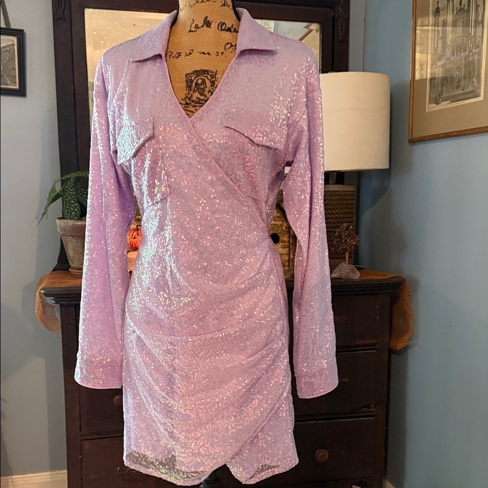 Les Lis Purple Lavender Iridescent Sequin Mini Dress - Picture 6 of 13